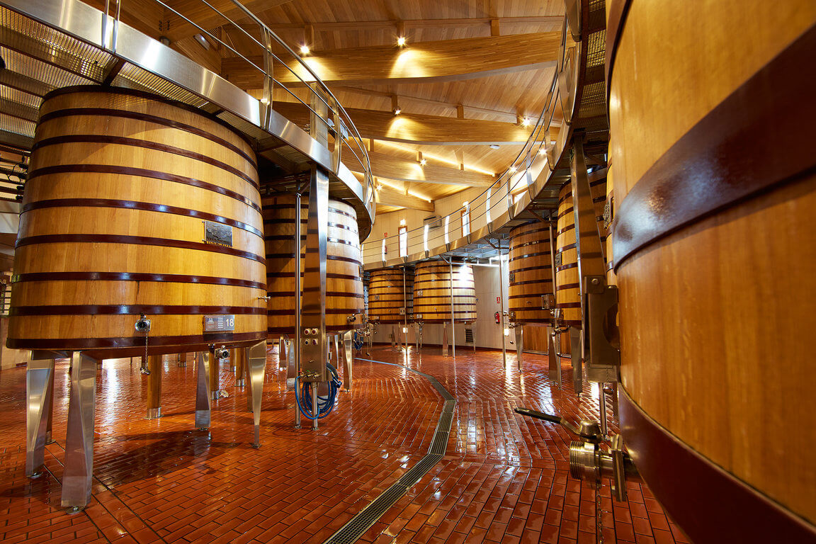 ワインセラーに設置されたベガシチリアの開放型発酵棚 ワインセラーに設置されたベガシチリアの開放型発酵棚