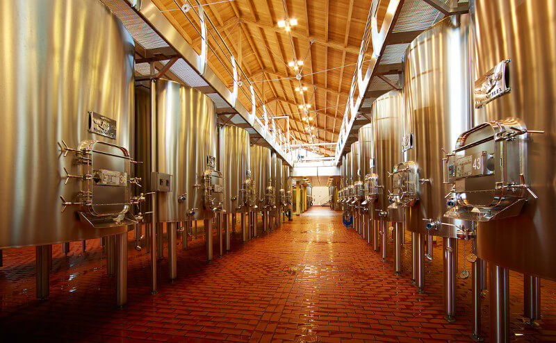 ワインセラーに設置されたベガシチリアの醗酵タンク ワインセラーに設置されたベガシチリアの醗酵タンク