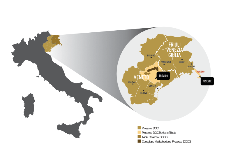 ヴェネト州およびフリウリ＝ヴェネツィア・ジュリア州における Prosecco DOC および DOCG 栽培地域の地図