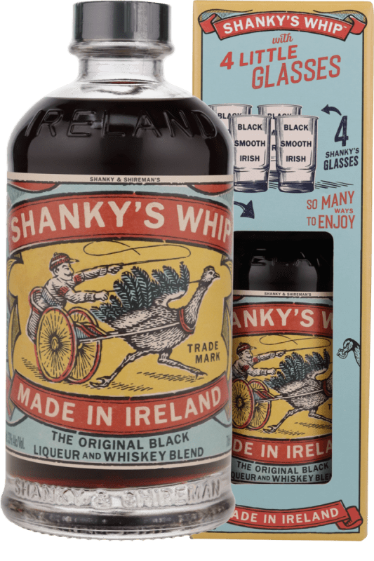 Black Whisky Likör in GP mit 4x Shotgläsern - Shanky's Whip